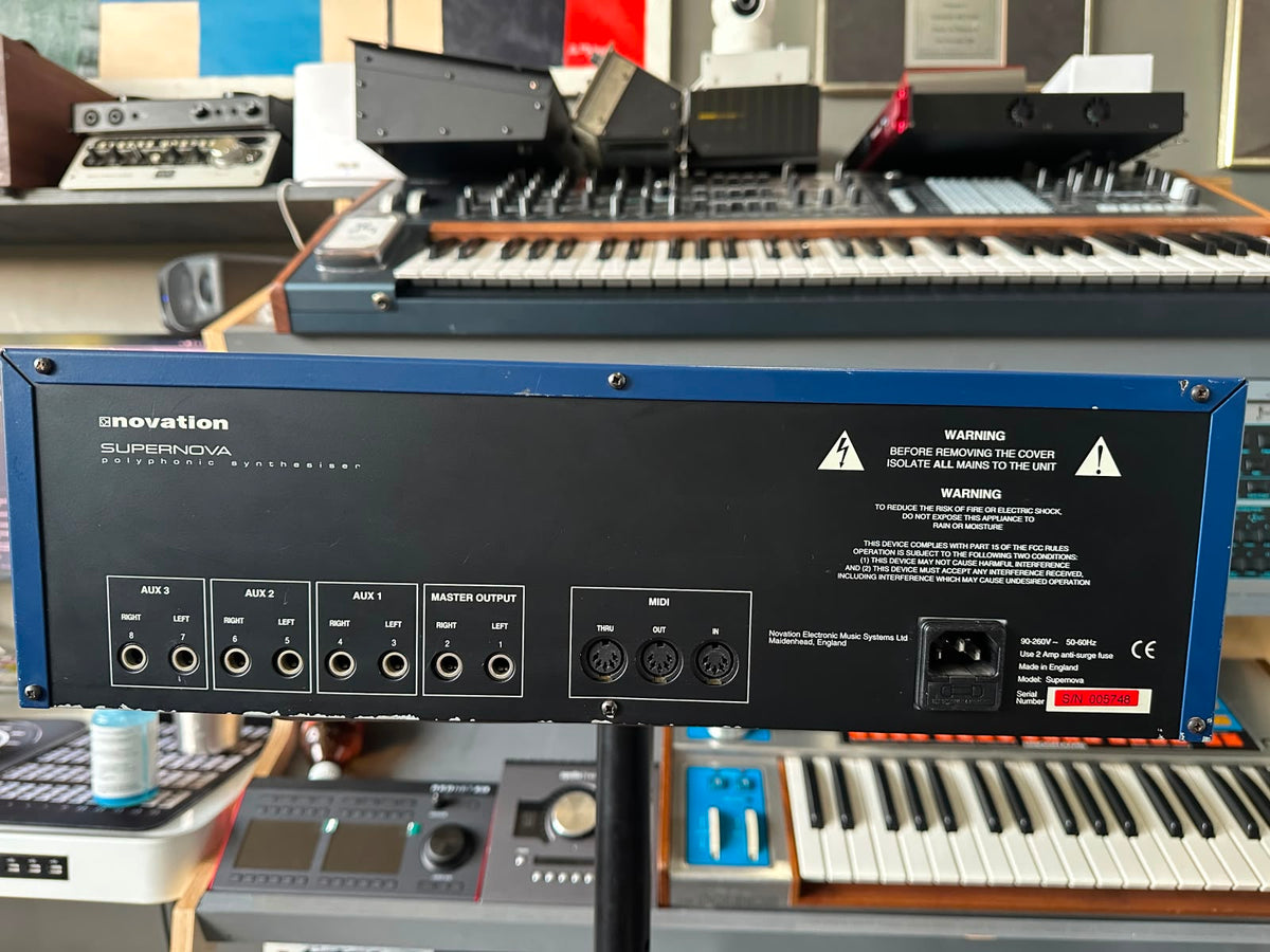 Novation Supernova rear panel with MIDI, aux outs, and serial number