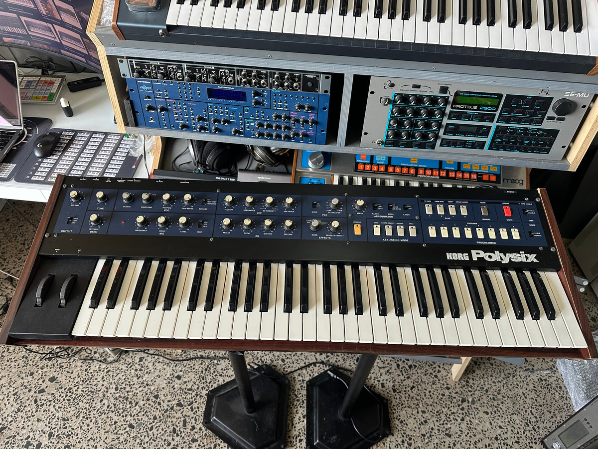 A Korg Polysix on the bench, the analogue polysynth best known for the leaking battery that eats its circuit board