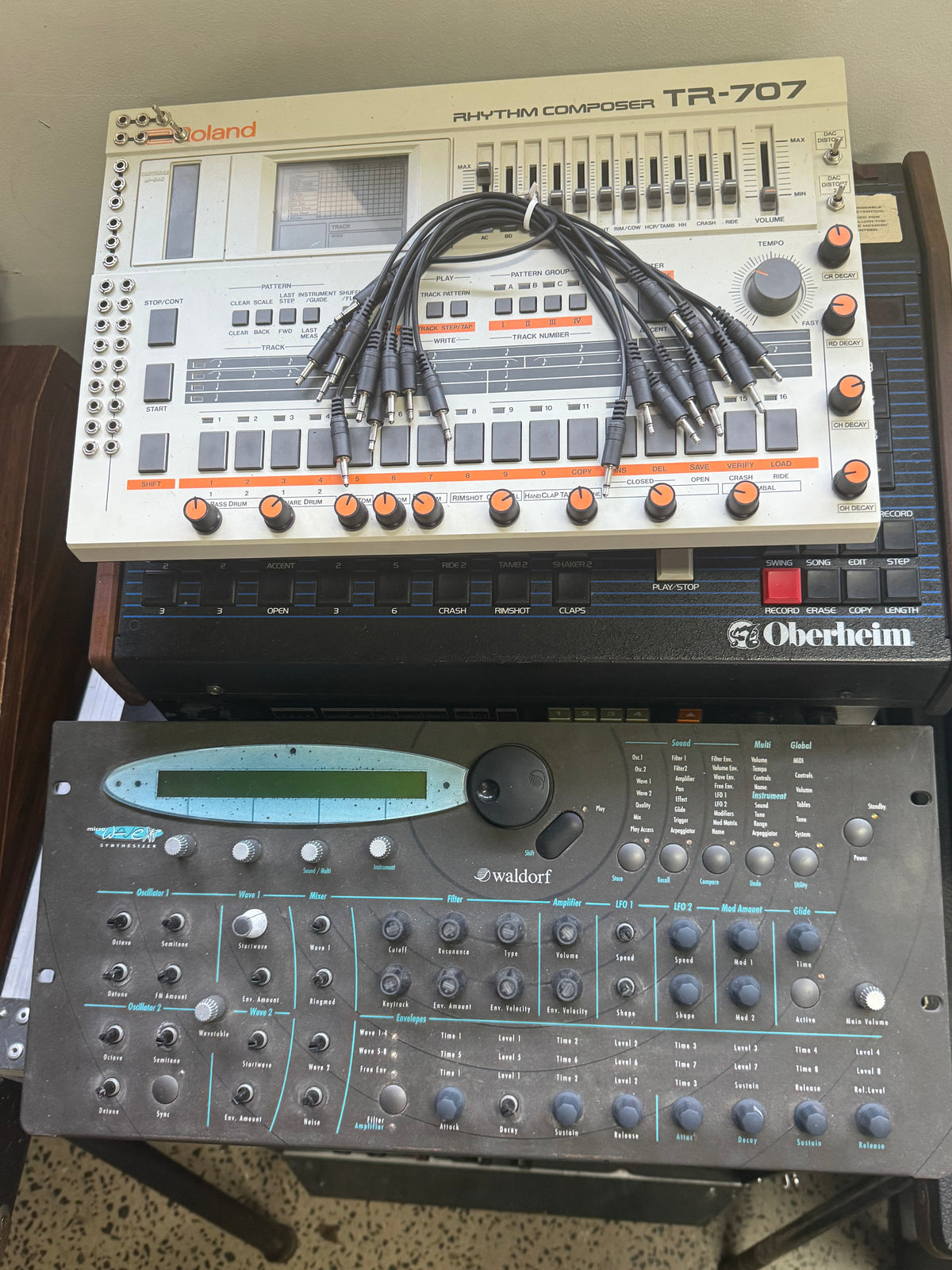 Roland TR-707 fully modded, in rack with Oberheim and Waldorf microQ